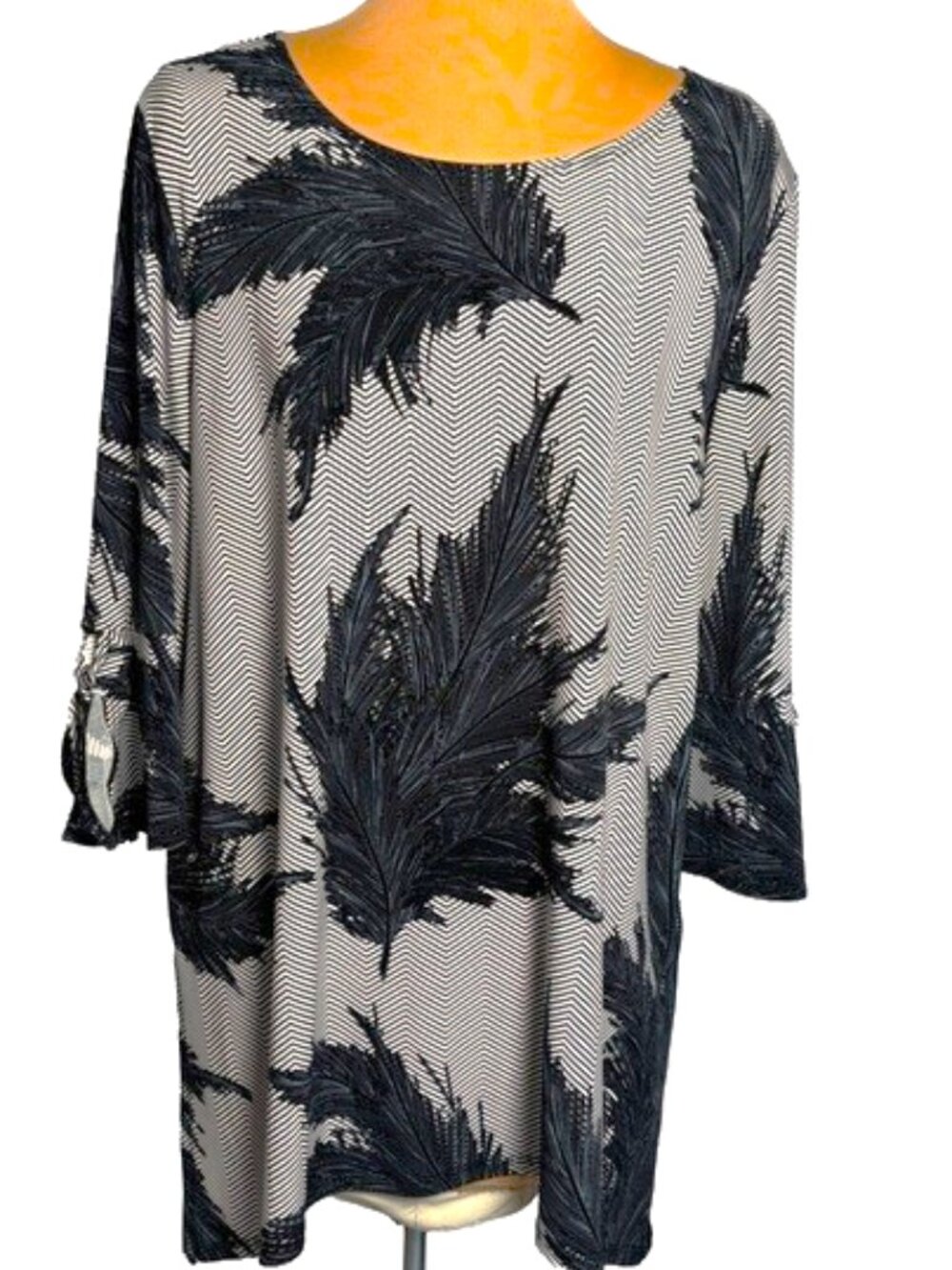 Clara Sun Woo Feather Print Travel Knit Tunic Top Tie Detail Size L